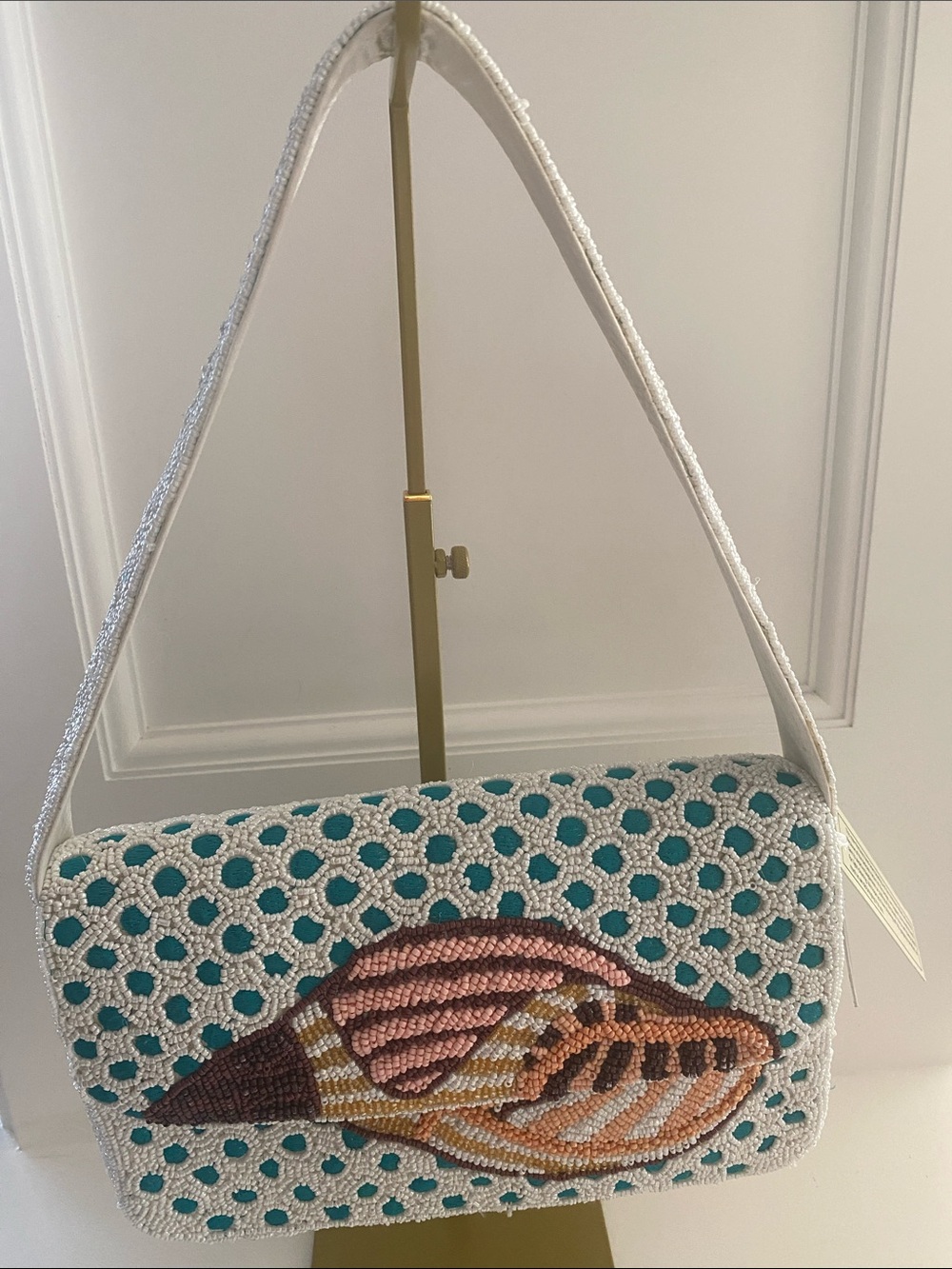 Beaded Shell Shoulder Bag in White and Teal
